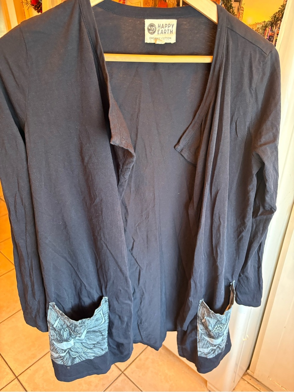Happy Earth Women's Navy Open-Front Cardigan with Floral Pocket Detail